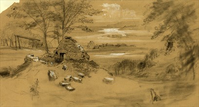 Ruined dwelling, town in distance, between 1860 and 1865, drawing on tan paper pencil and Chinese