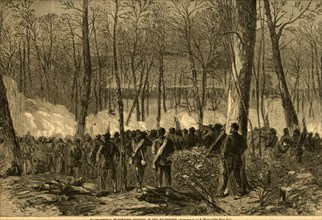Major-General Wadsworth fighting in the Wilderness, 1864 May 5-7, 1 print wood engraving, 22.8 x 34