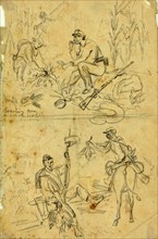 Scenes on the road, roasting corn and foraging, between 1860 and 1865, drawing on cream paper
