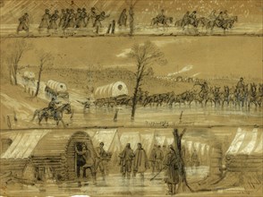 Why the Army of the Potomac doesn't move, 1862, drawing on green paper pencil and Chinese white, 24