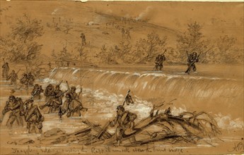 Straggling soldiers crossing the Rappahannock above the burnt bridge, 1863 October, drawing on tan