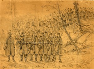 Going to the trenches, a sketch in Camp Winfield Scott. Before Yorktown, 1862 May, drawing on brown