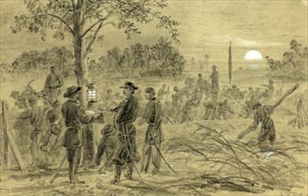General Warren fortifying his lines on the Weldon road, 1864 September, drawing on olive paper