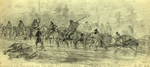 Dragging up the guns on the recent reconnoisance  in force (night) 1864, 1864 ca. February, drawing