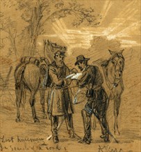 Lost horsemen. In search of a road, 1862 ca. November, drawing on brown paper pencil and Chinese