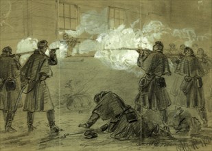 Bloody fight at Occoquan, Va, 1862 January 29, drawing on olive paper pencil and Chinese white, 18