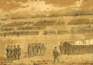 Execution of five deserters in the 5th Corps, 1863 August 29, drawing, 1862-1865, by Alfred R Waud,