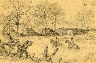 Soldiers on horseback crossing a river near a collapsed bridge, between 1860 and 1865, drawing on