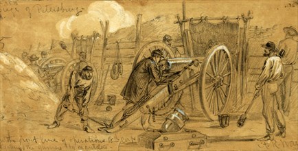 Siege of Petersburg, 1864 July, drawing on brown paper pencil and Chinese white, 11.1 x 23.2 cm.