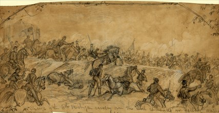 Charge of the 6th Michigan cavalry over the rebel earthworks nr. Falling Waters, 1863 July 14,