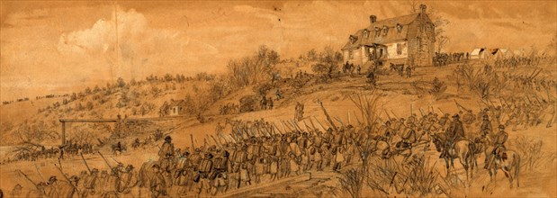Scene at Germanna Ford, 6th Corps returning from Mine Run, 1863 November-December, drawing,