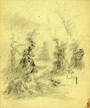 Sniper shooting soldier from behind a corn stack, between 1860 and 1865, drawing on tan paper