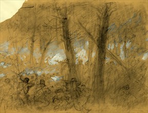 Glendale, Va, 1862 June 30, drawing on tan paper pencil and Chinese white, 22.9 x30.5 cm,