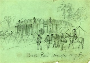 Bull Pen - Hd. qtrs A of P, between 1860 and 1865, drawing on blue-green paper pencil, 12.7 x 18.7