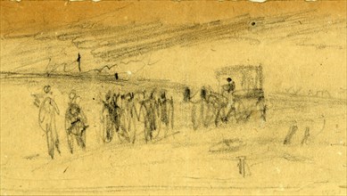 Troops on the road, between 1860 and 1865, drawing on cream paper pencil, 6.2 x 11.5 cm. (sheet),