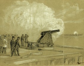 Scene on the dock at the Rip Raps. Testing the Sawyer gun and projectile, a shell bursting on the