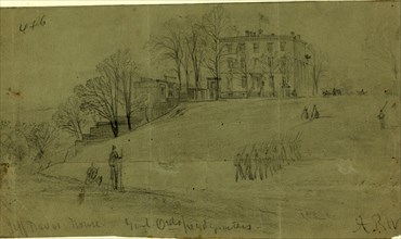 Jeff Davis House. Genl. Ords headquarters, between 1860 and 1865, drawing on olive paper pencil, 13