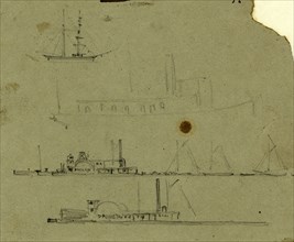 Steamships and sailboats, between 1860 and 1865, drawing on gray-green paper pencil, 9.6 x 11.7 cm.