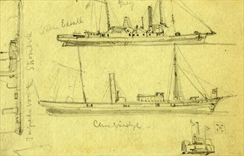 Sketches of four ships, between 1860 and 1865, drawing on light green paper pencil, 8.4 x 13.5 cm.