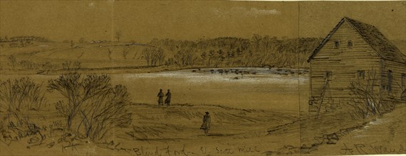 Blind Ford & Scotts Mill, 1863 ca. May 5, drawing on olive paper pencil and Chinese white, 12.2 x