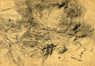 Explosion at City Point, 1864 August 9, drawing on tan paper pencil, 23.2 x 34.0 cm. (sheet), The