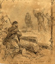 Rebel wounded coming in as prisoners on the field of battle, 1863 ca. July, drawing on tan paper