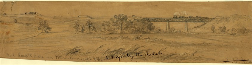 Genl. Haupts bridge over Potomac Creek Va, destroyed by the Rebels, 1863 ca. August, drawing on tan