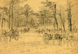 Rifle pits in the woods, 1863 July 1-3, drawing on tan paper pencil and Chinese white, 7.8 x 24.9