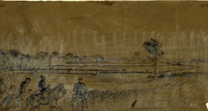 Officers on horseback watching infantry drills in distance, drawing, 1862-1865, by Alfred R Waud,