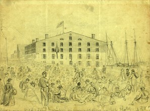 Libby again, Rebel soldiers waiting for accommodations in that Hotel, drawing, 1862-1865, by Alfred