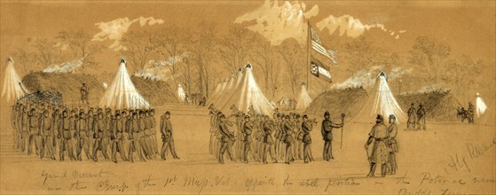Guard Mount in the Camp of the 1st Mass. Vol. Opposite the rebel position on the Potomac near Budds