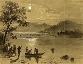 Previous to Antietam Rebels crossing the Potomac. Union scouts in foreground, drawing, 1862-1865,