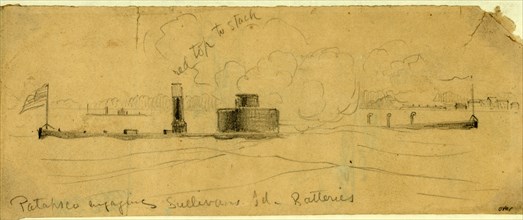 Patapsco engaging Sullivans Id. Batteries, drawing, 1862-1865, by Alfred R Waud, 1828-1891, an