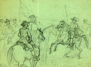 Custer receiving Flag of Truce, drawing, 1862-1865, by Alfred R Waud, 1828-1891, an american artist