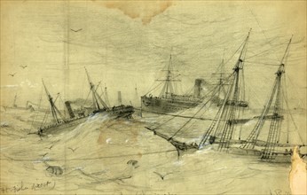 For Ft. Fisher direct. The Expedition leaving the Chesapeake, drawing, 1862-1865, by Alfred R Waud,