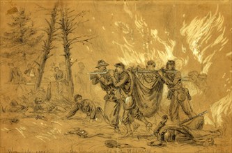 Wounded escaping from the burning woods of the Wilderness, drawing, 1862-1865, by Alfred R Waud,