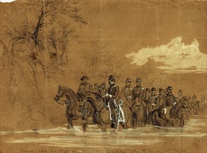 General Sickles and Staff in a reconnoitering expedition along the banks of the Potomac, drawing,