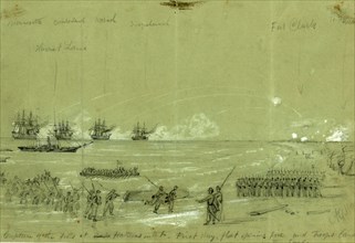 Capture of the Forts at Cape Hatteras inlet-First day, fleet opening fire and troops landing in the
