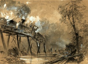 Destruction of the locomotives on the bridge over the Chickahominy, drawing, 1862-1865, by Alfred R