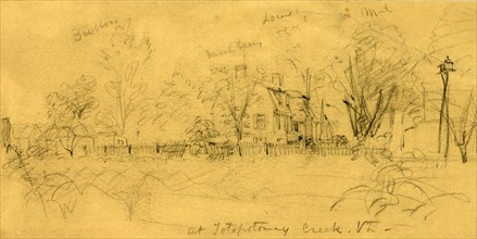 At Totopotomay Creek, Va., drawing, 1862-1865, by Alfred R Waud, 1828-1891, an american artist