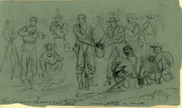 The soldiers sharing rations, drawing, 1862-1865, by Alfred R Waud, 1828-1891, an american artist
