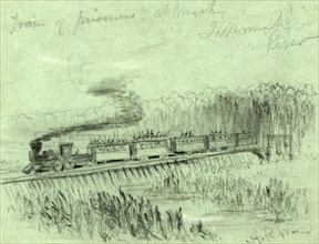 Train of prisoners approaches Savannah River, drawing, 1862-1865, by Alfred R Waud, 1828-1891, an