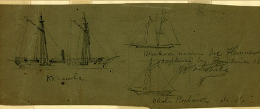 Broadside views of three ships, Kanawha Blockade runner Joe Flanner, captured by Pembina 1863 off