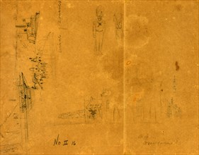 Three sketches including "Arrival of Zouaves," city or town street, and a soldier, drawing,