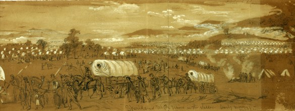Sheridans Wagon Trains in the Valley. Early morning mist and smoke, drawing, 1862-1865, by Alfred R