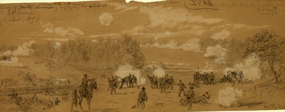 Artillery of Smith's division commanded by Capt. Ayres engaging the rebels at White Oak Swamp,