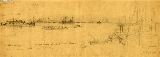 Pontoon bridge over the James River above Ft. Powhatan, drawing, 1862-1865, by Alfred R Waud,