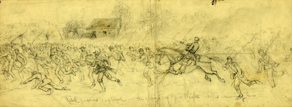 Rebel prisoners captured in the charge of Genl. Wrights Corps, running in, drawing, 1862-1865, by