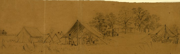 Soldiers in their tents in army camp, drawing, 1862-1865, by Alfred R Waud, 1828-1891, an american