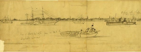 View of Charleston S.C. from on board the Harriet Lane, drawing, 1862-1865, by Alfred R Waud,